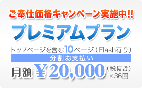 
プレミアムプラン（ご奉仕価格キャンペーン実施中！）トップページを含む10ページ・Flash有り 月額¥20,000×36回